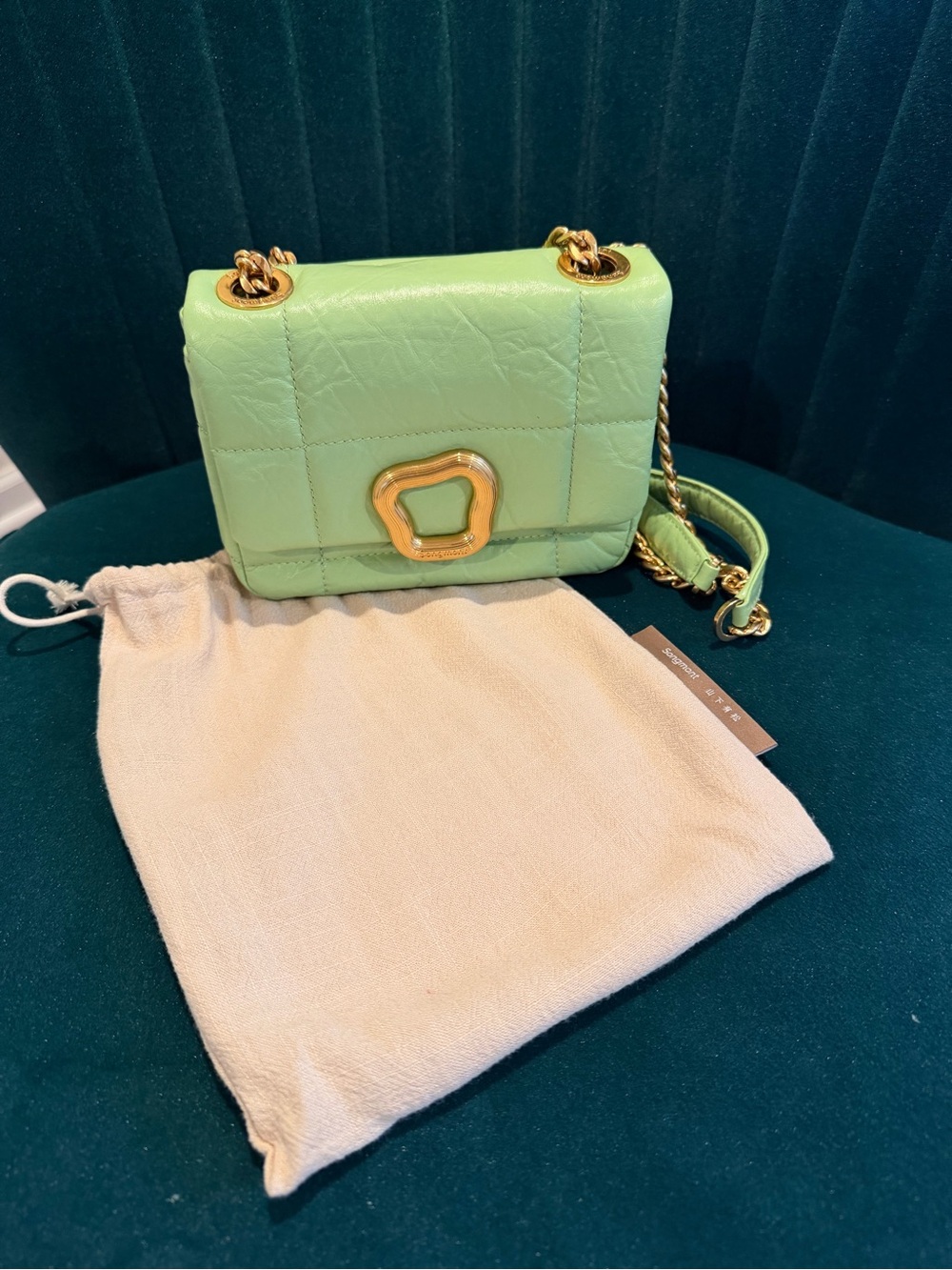 Songmont Quilted Crossbody Bag in Mint Green with Gold Hardware